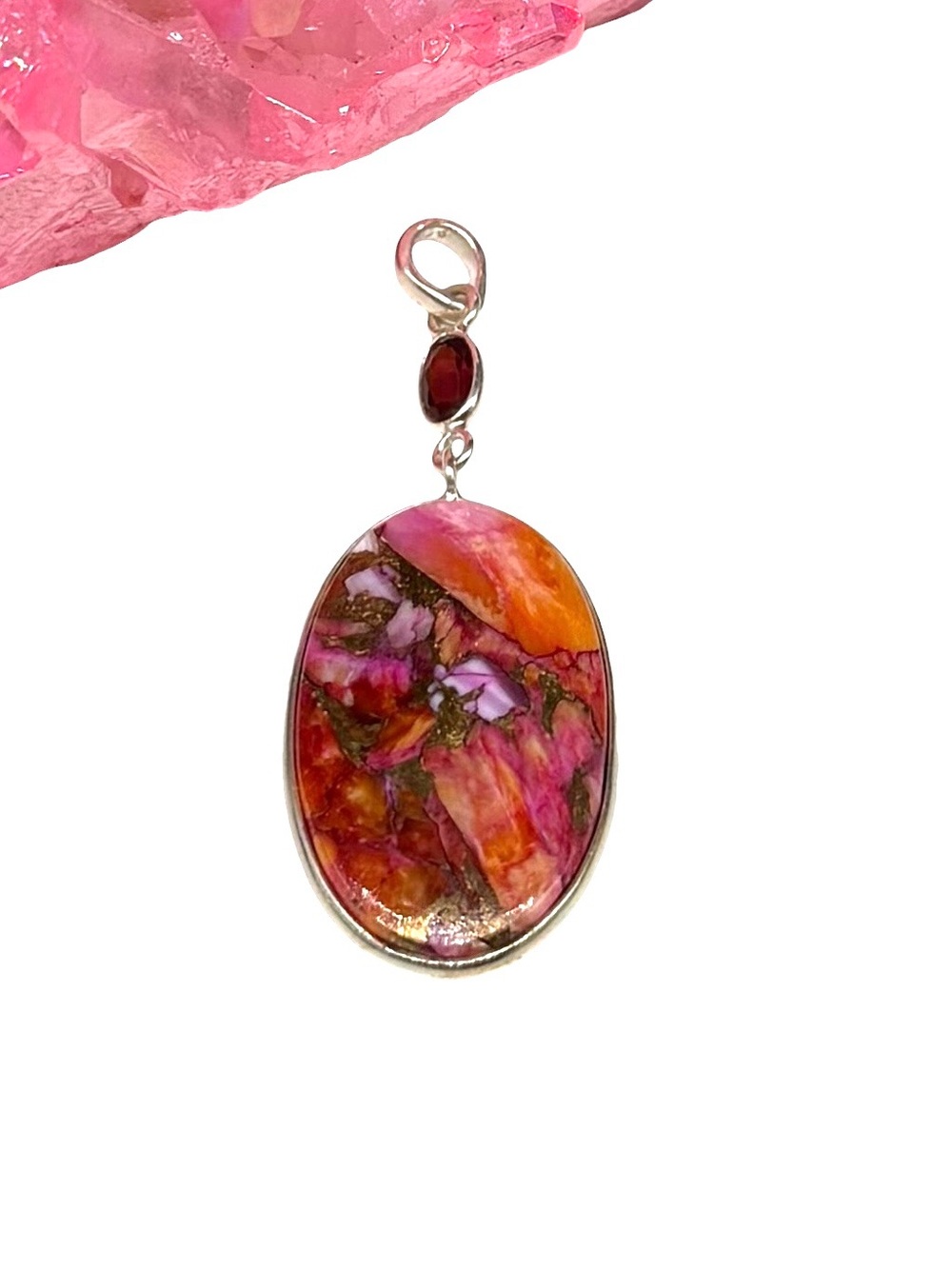 Kingman Pink Dahlia Turquoise Garnet Necklace Pendant Solid 925 Sterling Silver